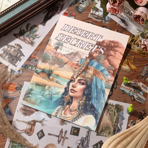 Egypt Travel Scrapbook Stickers 20 Sheets 240 Pre-Cut Washi Stickers PET Transparent Desert Book Sticker for journaling Decorative or DIY Paper Crafts Arts and Crafting Projects - color: Desert Secrets