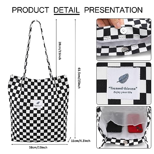 Ayieyill Corduroy Tote Bag for Women Canvas Shoulder Cord Purse with Inner Pocket - color: Checkered