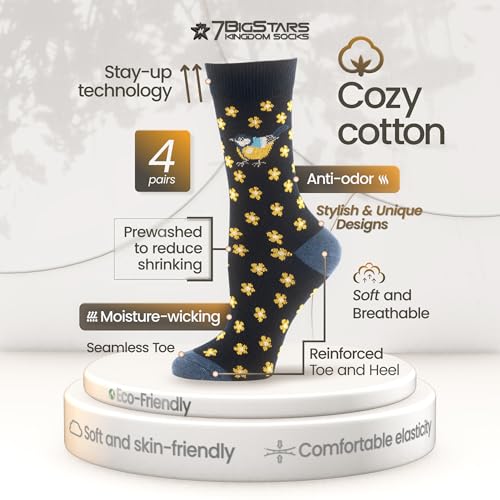 7BIGSTARS Women Cotton Crew Socks, Patterned 4 Pack, M 5-9 - L 8-12 - color: 17 - Grey, Dark Grey, Light Navy, Dark Navy (A32), size: 5-9