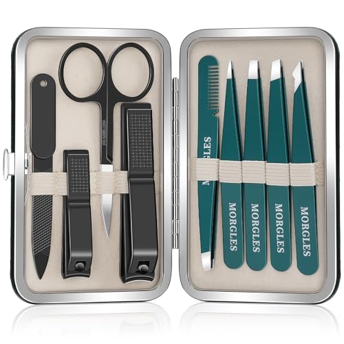 MORGLES Tweezers Set 9 Pcs Nail Clipper Kit with Case for Eyebrows Grooming - color: E-green