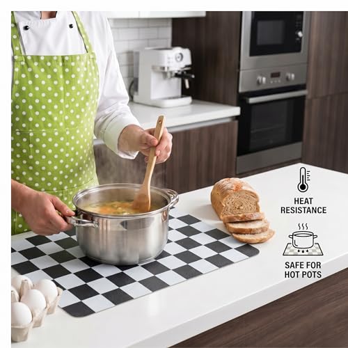 Set of 6 Checkerboard Non-Slip Washable Placemats for Dining Table - color: Black