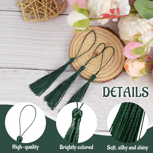 100 Pcs Bookmark Tassels Bulk Dark Green Soft Craft Silky Handmade Mini Tassels for Jewelry Making with Loops for DIY Craft Accessory Dress Decoration - color: Dark Green