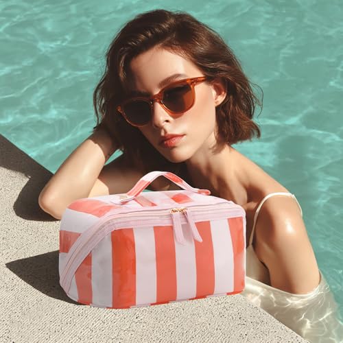 DYSHAYEN Travel Makeup Bag, Pink and Orange Striped - color: Pink-Orange
