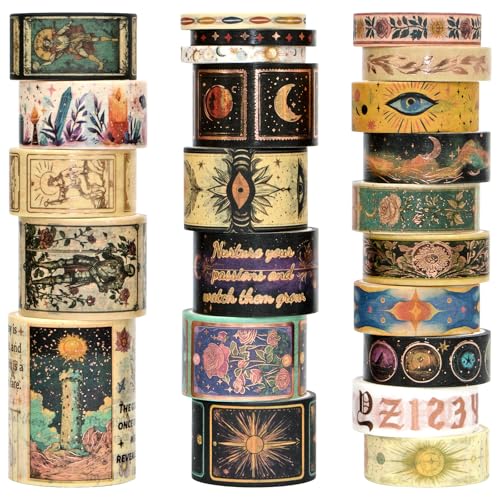 Gold Foil Tarot Washi Tape Set, 23 Rolls Vintage Decorative Washi Tape with 14 Gold Foil Designs, Assorted Widths for Journaling, Scrapbooking, Bullet Journal, Planner, Card Making & DIY Crafts