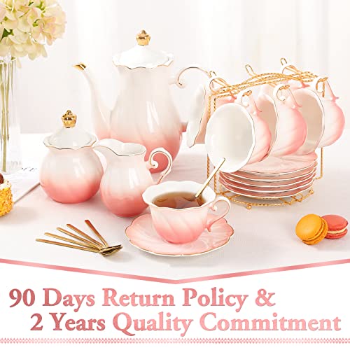 DUJUST 22 pcs Porcelain Tea Set for 6, Luxury British Style Tea/Coffee Cup Set with Golden Trim, Beautiful Tea Set for Women, Tea Party Set, Gift Package (With a Stand) - Gradient Pink - color: Gradient Pink