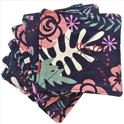 CUSHYSTORE Canvas 2 Layers Coasters Saucers Absorbant Mat Pad Floral Botanical Style Fabric for Glass Cup Drinking 4inche, 6 Pack (Navy Exotic Flowers), Navy Blue - color: Navy Blue