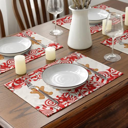 Ansouyi Placemats Set of 6, Christmas Candy Cane and Gingerbread Man Washable Heat Resistant Linen Table Mats, Kitchen Decor Non-Slip Place Mats for Party Dining, 12x18 Inch - color: Gingerbread
