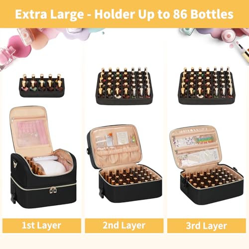 CUBETASTIC Extra Large Nail Polish Organizer - Three Layer Nail Organizers And Storage Bag, Portable Nail Supplies Organizer Case, Travel Carrying Box for Nail Tech Kit/Tattoo/Cosmetic - color: Black, size: 86 Slots