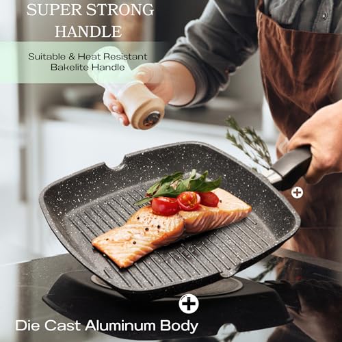 Moss & Stone Grill Pan for Indoor Cooking, 11" Nonstick Square Grill Pan - style: Square Grill Pan Regular Handle Design