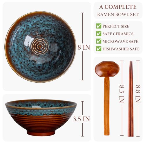 40oz Japanese Ceramic Ramen Bowl Set of 2 with Chopsticks and Spoons for Pho Udon Asian Soup Noodles (Peacock Tail) - color: Peacock Tail