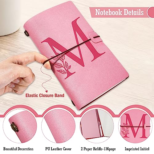 Personalized Journal Gift-Pink Initial Leather Journal+Heart Diamond Pen Set,Travel Notebook Diary Gifts,Refillable Notepads,Christmas,Birthday Gifts for Women Girls (7.9"x4.7") (M) - style: M