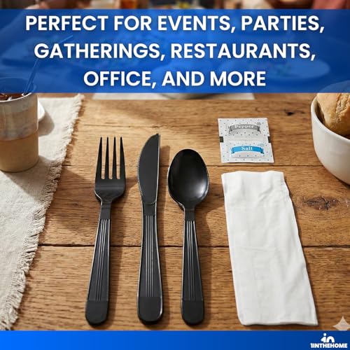 Cutlery Set Disposable Packet, Plastic Individually Wrapped Utensils Set – Knife, Fork, Teaspoon, Napkin, Salt & Pepper for (Parties, Dinners, Catering Services, Takeout) Black, 50 Pack