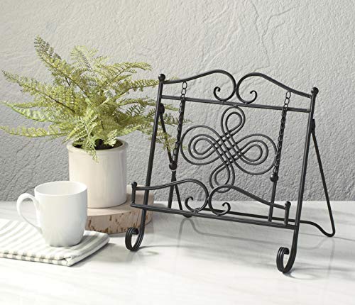 TRIPAR Swirl Design Black Metal Cookbook Stand for Cookbooks, Recipe Holders, Tablets, Catalogs, Portable, Adjustable, Free Standing - color: Black