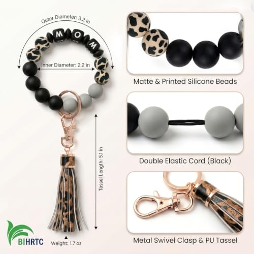 BIHRTC Key Ring Bracelet Car Keychain Holder Wristlet Silicone Women Beaded Bangle Chains - color: Mom Black Leopard