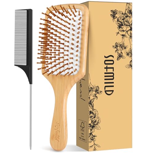 Sofmild Bamboo Hair Brush with Tail Comb, Detangling Paddle Brush - color: White