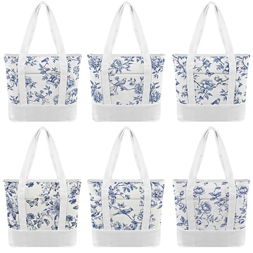 6 Pcs Mini Floral Bow Tote Bags for Women White Canvas Tote Bag Bulk Reusable Coquette Bags for Wedding Party Favor - color: Blue Floral