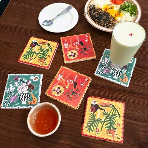 SAMCAM Bar Coasters Set of 6, 4inch Absorbent Drink Coasters with Ceramic Surface and Cork Base, Monkey Theme Art Coaster Set for Bar Cafe Kitchen Decor, Gift for Men, Art Lovers and Housewarming