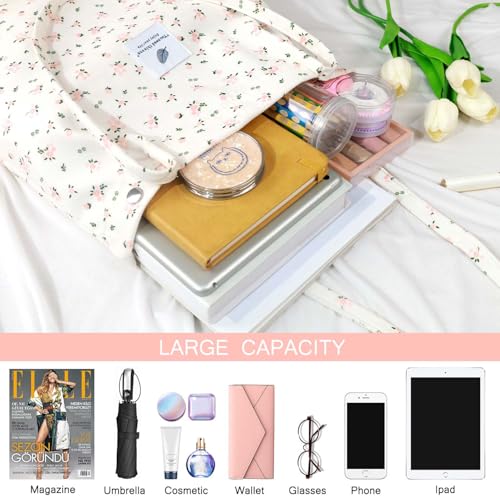 Ayieyill Corduroy Tote Bag for Women Canvas Shoulder Cord Purse with Inner Pocket - color: Beige/Pink Floral