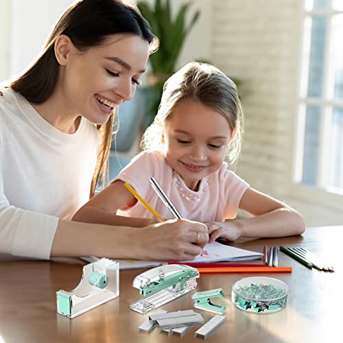 Office Supplies Set Desk Accessory Kit, Acrylic Stapler Set Staple Remover, Tape Dispenser, Binder Clips, Paper Clips, Ballpoint Pen and Scissor with 1000 Pieces 26/6 Staples (Green) - color: Green