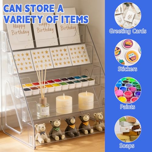 2 Pack 5 Tier Acrylic Card Display Stand(Tall Height) Clear Display Shelf Desktop for Greeting Cards Sports Cards Postcards Stickers Brochures Table Top Holder Display Rack for Psa Slabs Easy Clip-On