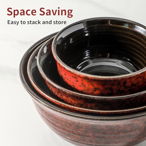 HASENSE Mixing Bowls, 2.1/1.5/1.0/0.5 Qt, Nesting Bowls for Cooking, Baking, Ceramic Serving Dishes Set of 4 for Salad, Fruits, Popcorn, Thanksgiving Christmas Gift, Dishwasher & Microwave Safe, Red - color: Red, size: 20+40+65+84 Ounce