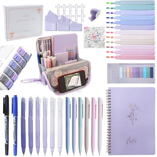 J6&H6 170Pcs Complete Bible Study Supplies, Bible Journaling Kit, Foldable Pencil Case with 75 Tabs,12 Pastel Bible Highlighters More Bible Accessories Set for Women, Beginner Christian Gifts (Purple) - color: Purple
