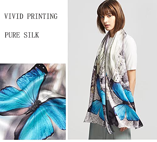 ANDANTINO 100% Silk Long Scarf-Women Large Oblong Shawls with Gift Packed - color: Blue Butterflies