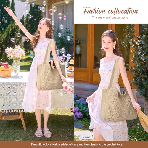 hatisan Crochet Bag for Women, Handmade Knit Beach Tote Bag Summer - color: Style-b,khaki
