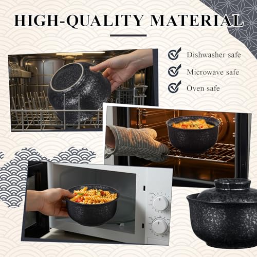 SiliFine Ramen Bowl Set of 2 Ceramic Ramen Bowl with Lid 25oz Microwave Clay Pot Traditional Japanese Tableware Korean Clay Pot for Christmas Soup Salad Meal Rice Home Office(Black,Calssic) - color: Black, style: Calssic