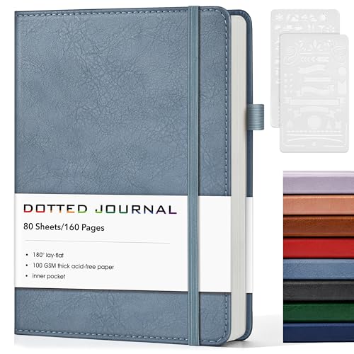 Dotted Journal Notebook, A5 Leather Hardcover, 160 Pages, 180° Lay-Flat Binding, 100 GSM Thick Paper, Dot Grid for Bullet Journaling, Planning & Daily Organization (Dusty Blue) - color: Dusty Blue, size: Dotted