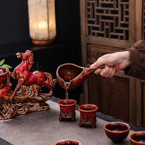 Ceramic Red Horse Teapot with Infuser - Chinese Gongfu Tea Set, 8 Cups, Semi Automatic Design for Loose Leaf Tea - color: Red Horse - B