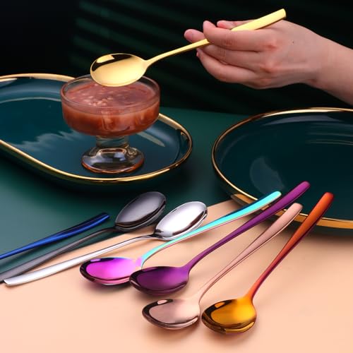 Metal Round Spoons, 8 inch Stainless Steel Reusable Long Handle Korean Soup Spoons, Table Dinner Desert Spoon Set of 8(Rose Gold) - size: Rose Gold