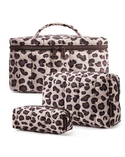 BAGSMART Travel Makeup Bag Set, 3 Pc Puffy Cosmetic Pouch, Leopard Print - color: Leopard Print