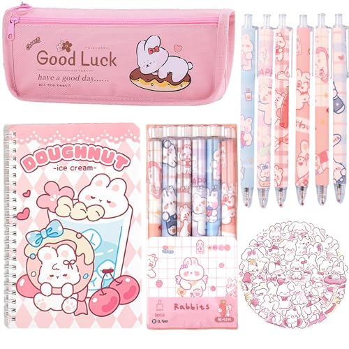 58PCS Cute Rabbit School Supplies Set Kawaii Stationery Kit Back to School, Including Notebook,Gel Pens,Pencil Case,Stickers,Festival Holiday Birthday Party Favors Easter Basket Stuffers