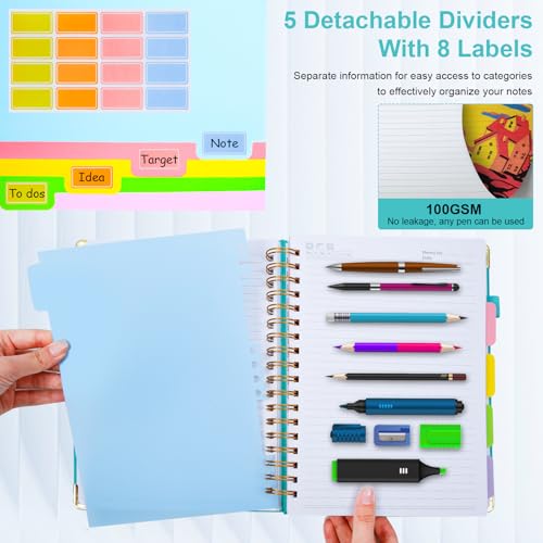 Hardcover Spiral Notebook 6.2"x 8.2" Journal Notebook with Tabs and Removable Dividers 300 Pages 5 Subject Notebook College Ruled, Faux Leather Spiral Bound Notebook for Women School Work (Blue) - color: Blue, size: 6.2"x8.2"(A5)