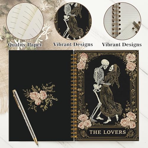 The Lovers Tarot Notebook Journal for Women - A5 Spiral Notebook with Dark Mystic Spells Skull Design, Vintage Witchy Journal, Lined Paper, Gothic Office & School Supplies, Unique Gifts for Women Birthday Graduation Christmas(Black-Skull) - color: Black-S