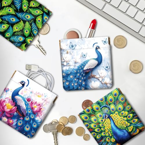 Peacoblue Peacock Coin Purse,PU Leather Squeeze Pouch 4PCS - style: Peacock