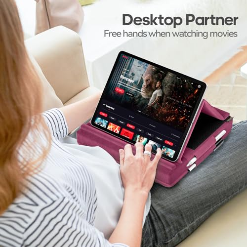 KDD Tablet Pillow Stand, Multi-Angle Viewing Ipad Holder for Lap, Bed and Desk, Foldable Soft Pad Dock with Stylus Mount Compatible with Ipad Pro 12.9, 10.5, 11, Air, Mini, Phones, Books, E-Reader - color: Purple