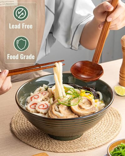 8 Inch 40oz Large Japanese Ramen Bowl Set of 2,Material Safety Ceramic Ramen Bowls with Matching Chopsticks and Spoons, Pho Bowls Ramen Noodle Bowl for Asian Udon Soup Salad Cereal(Retro Cyan) - color: Retro Cyan