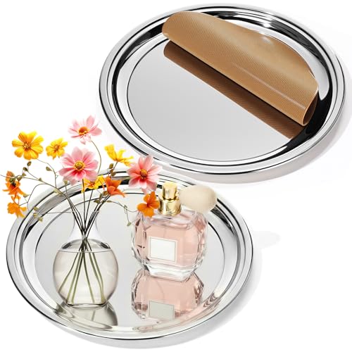 Lemonroad 2 Set Round Silver Mirror Serving Tray 11.81 Inches - size: 11.81 Inches