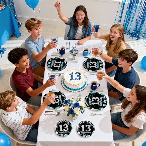 96Pcs Teal Black 13th Birthday Party Decorations, Serves 24 - style: Peacock Blue Black 13th Birthday