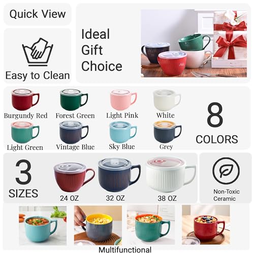 Ceramic Soup Bowl with Handle & Lid, 32oz Microwave Ramen Bowl Set of 2 - color: Blue 2 pcs-32, size: 32 OZ