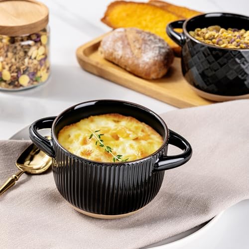 GBhome 22 Ounces Soup Bowls with Large Handles and Lids, Stoneware Bowls Set of 4 with Spoon for Soup, Cereal, Stew, Colourful Ceramic Kitchen Bowls, Microwave&Dishwasher Safe, Black - color: Black