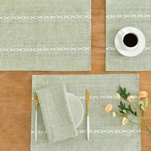 Wracra Cotton Linen Place Mats, Sage Green Embroidered Placemats Set of 8 - color: Hemstitched Sage Green, size: Placemats(Set of 8)
