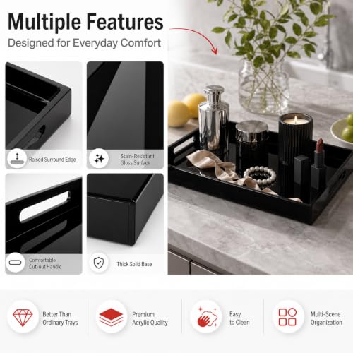 Black Tray 14x11” with Cut Handles - Large Plastic Tray for Ottoman Coffee Table, Kitchen, Office & Serving Guests - Modern Countertop Organizer & Ideal Decorative Tray - color: Black, size: 14" x 11" x 2"