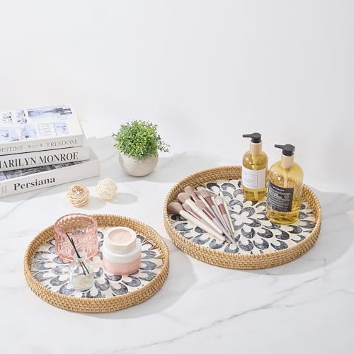 Round Rattan Tray with Mother of Pearl Inlay, Rattan Serving Tray with Wooden Base, Decorative Wicker Basket for Table Decor, Storage and Display of Coffee Bread Food Fruit (Plume 13.5") - color: Plume, size: 13.5"
