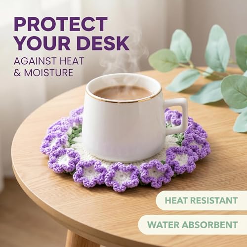 Flower Crochet Coasters Set, Handmade Bouquet Coaster with Crochet Plant Pot, Cute Drink Coasters for Desk Coffee Table, Foldable Decorative Coasters for Home Office Decor Gift (Purple) - color: Purple