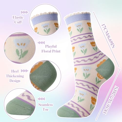 5/6 Pair Crew Socks for Women Floral Socks - color: Purple, Green