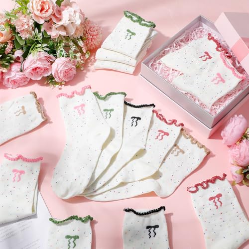 Chicingyou 10 Pairs Women Ruffle Socks Coquette Girly Frilly Cotton Crew Sock Bow Animal Heart Breathable Ankle Socks - color: Colorful, style: Coquette Bow