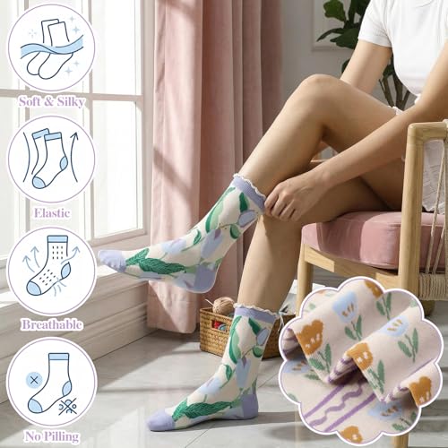 5/6 Pair Crew Socks for Women Floral Socks - color: Purple, Green
